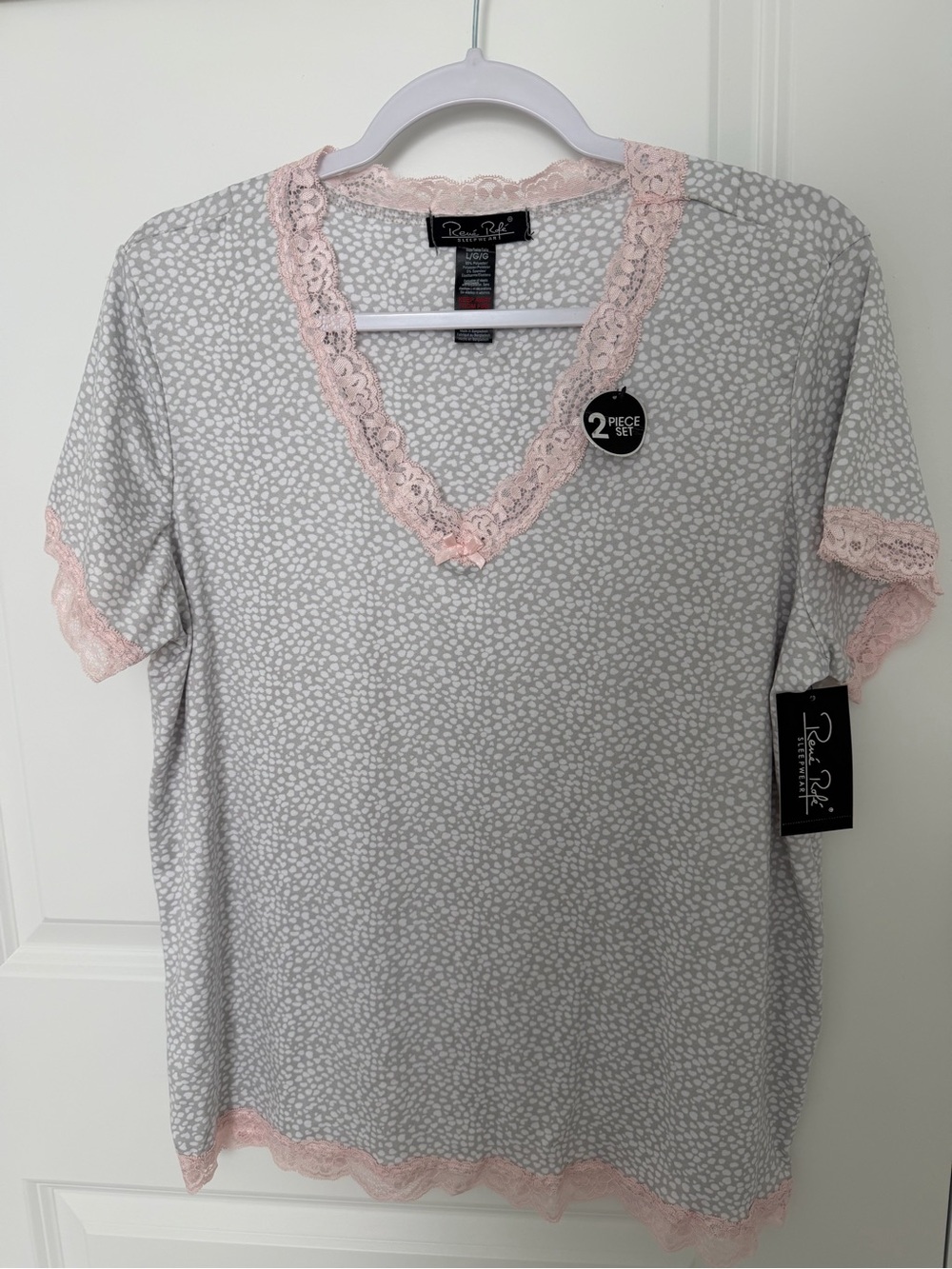 Rene Rofe Gray Printed V-Neck Top with Pink Lace Trim 2 piece Sleepwear Set